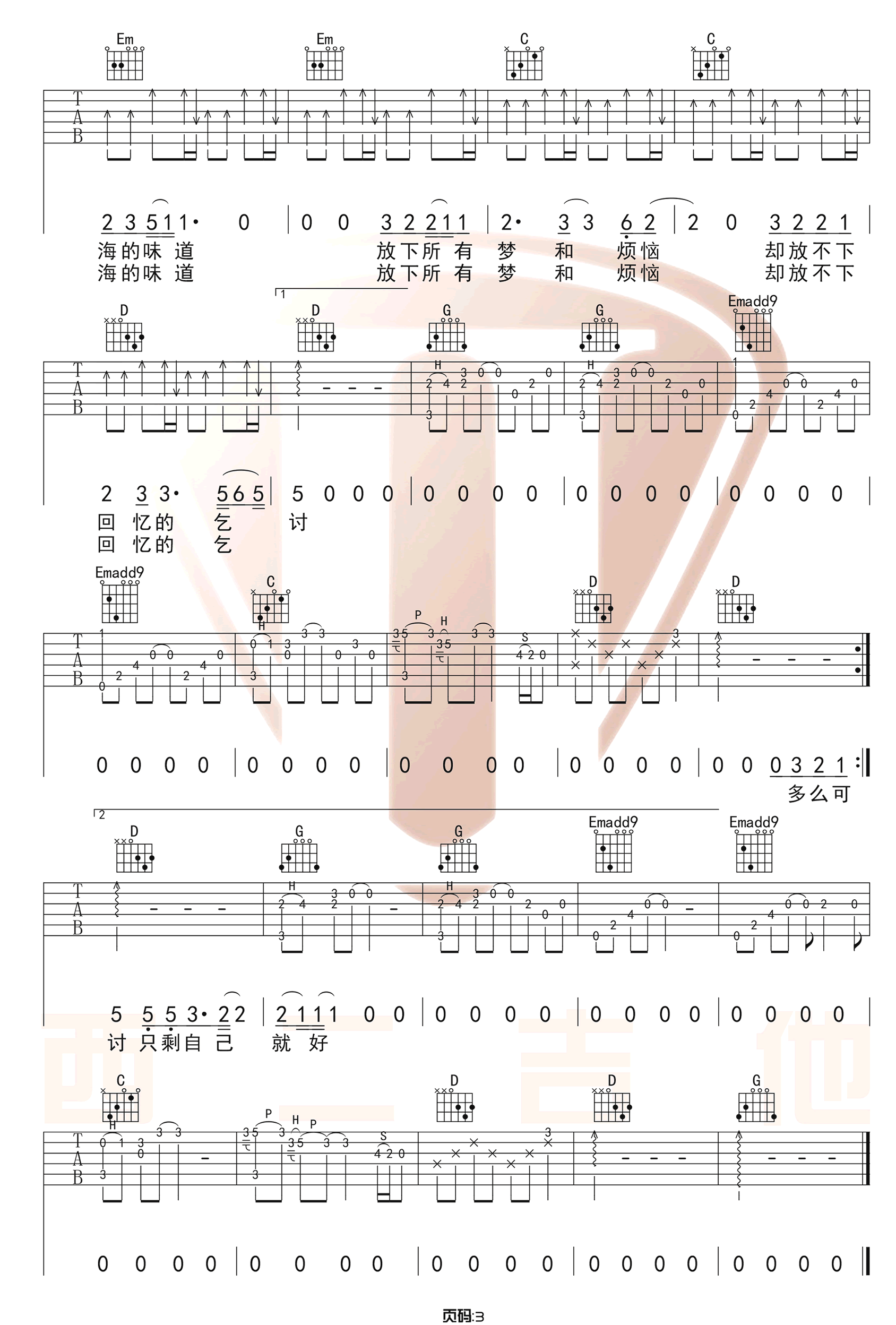 像鱼吉他谱_王贰浪_G调原版指法六线谱_吉他弹唱谱3