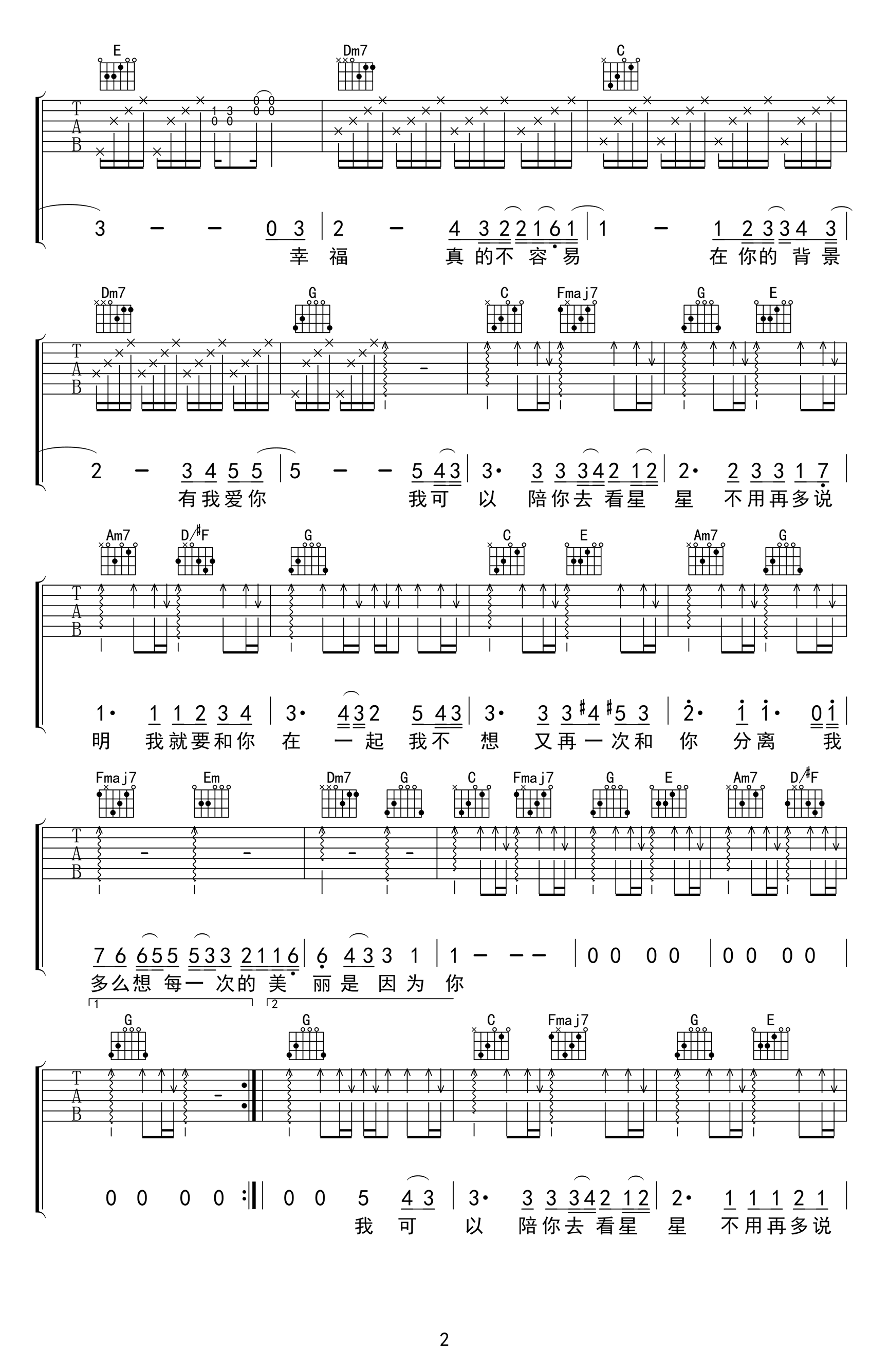 我可以吉他谱_房东的猫_C调原版指法六线谱_吉他弹唱谱2