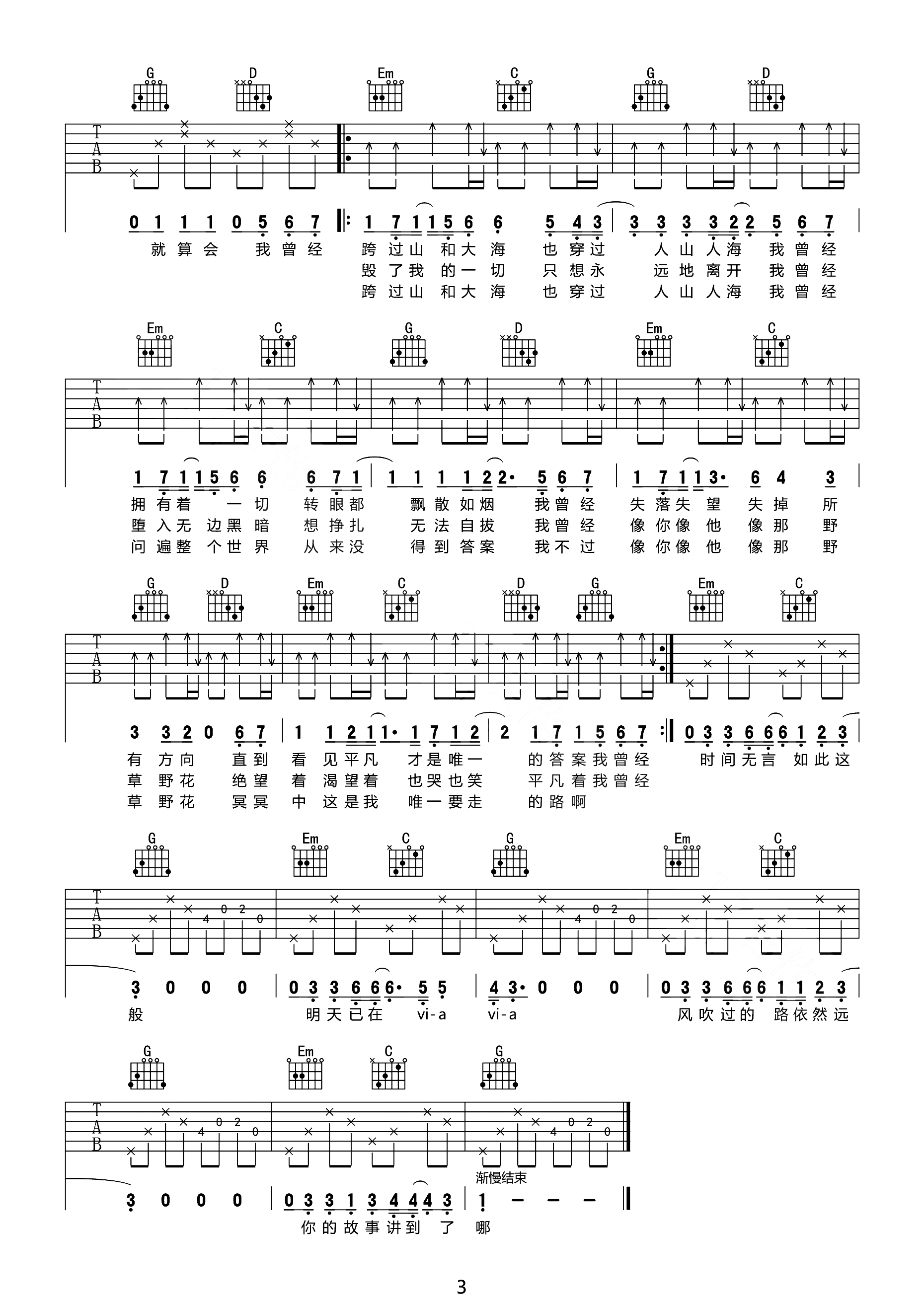 平凡之路吉他谱_朴树_G调原版指法六线谱_吉他弹唱谱3