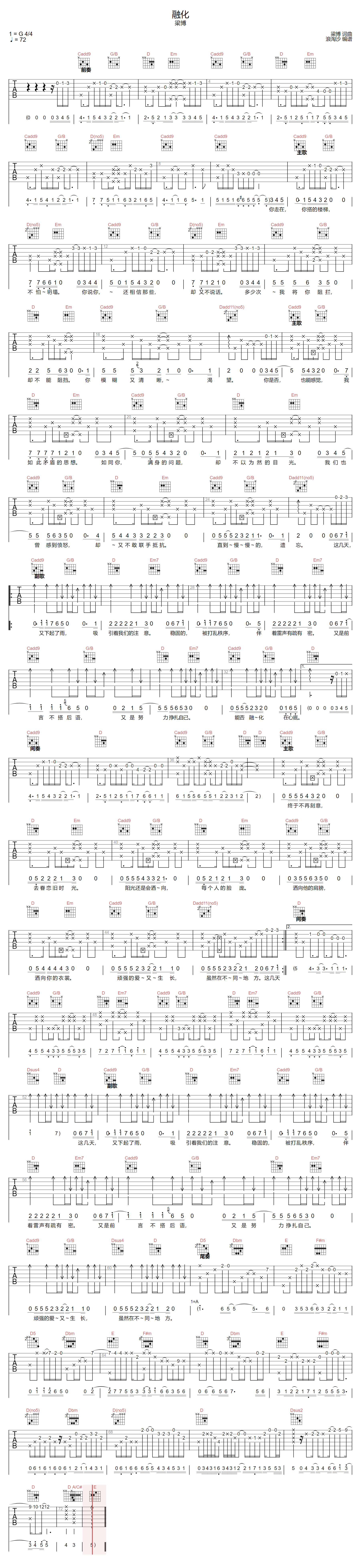 融化吉他谱_梁博_G调原版指法六线谱_吉他弹唱谱