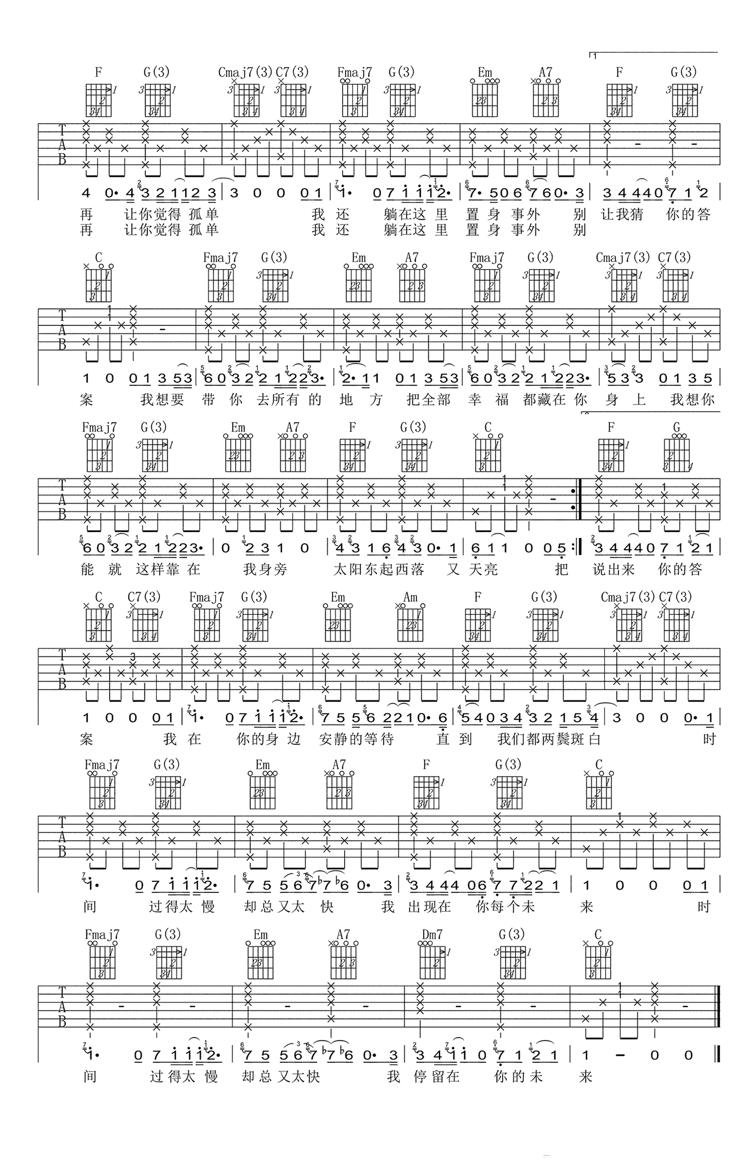 再一起吉他谱_余佳运_C调原版指法六线谱_吉他弹唱谱2