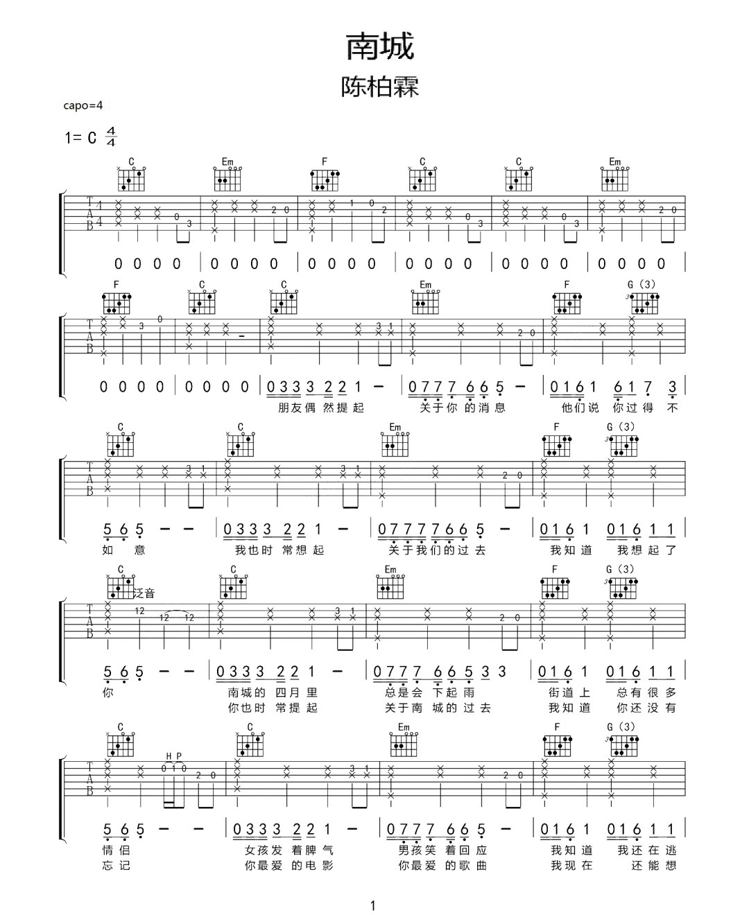 南城吉他谱_陈柏霖_C调原版指法六线谱_吉他弹唱谱1