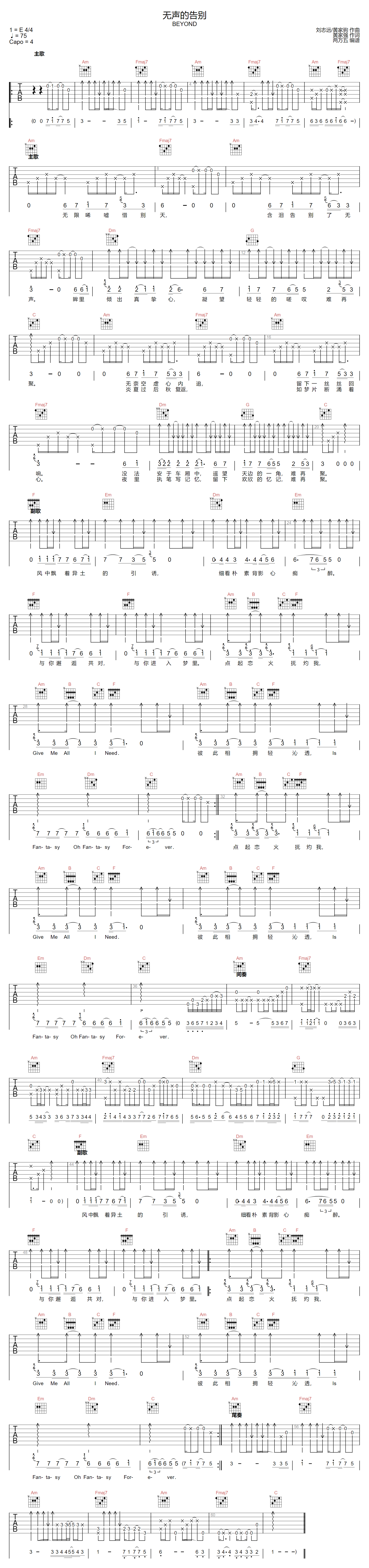 无声的告别吉他谱-Beyond-C调指法