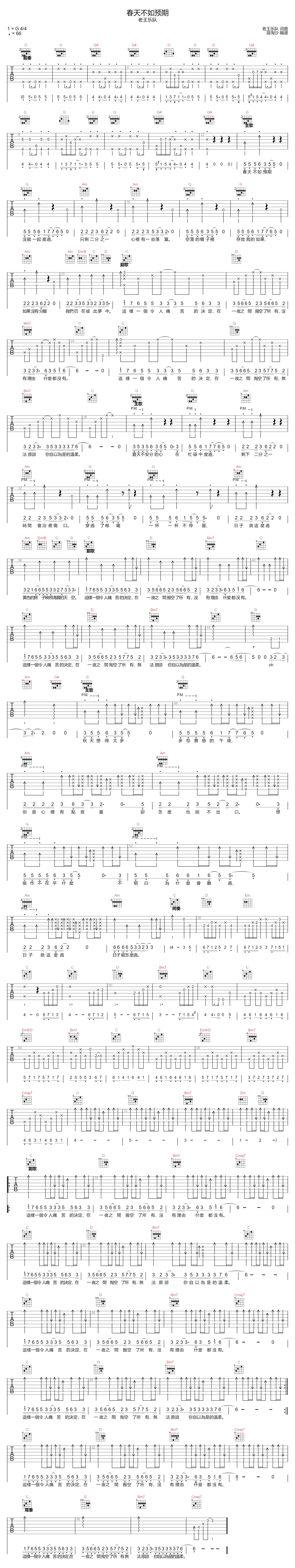 春天不如预期吉他谱-老王乐队-G调指法