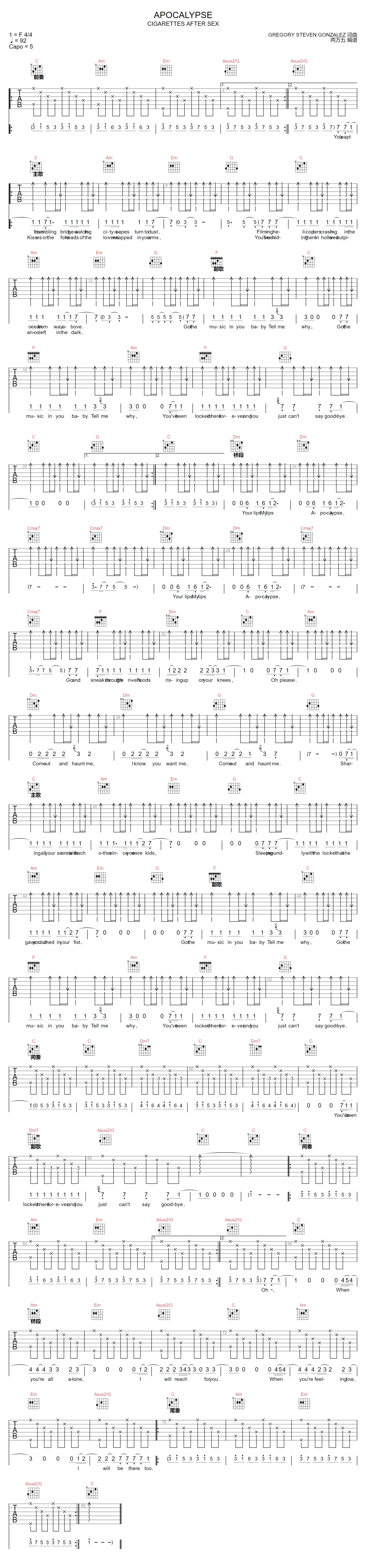 Apocalypse吉他谱-事后烟-C调指法