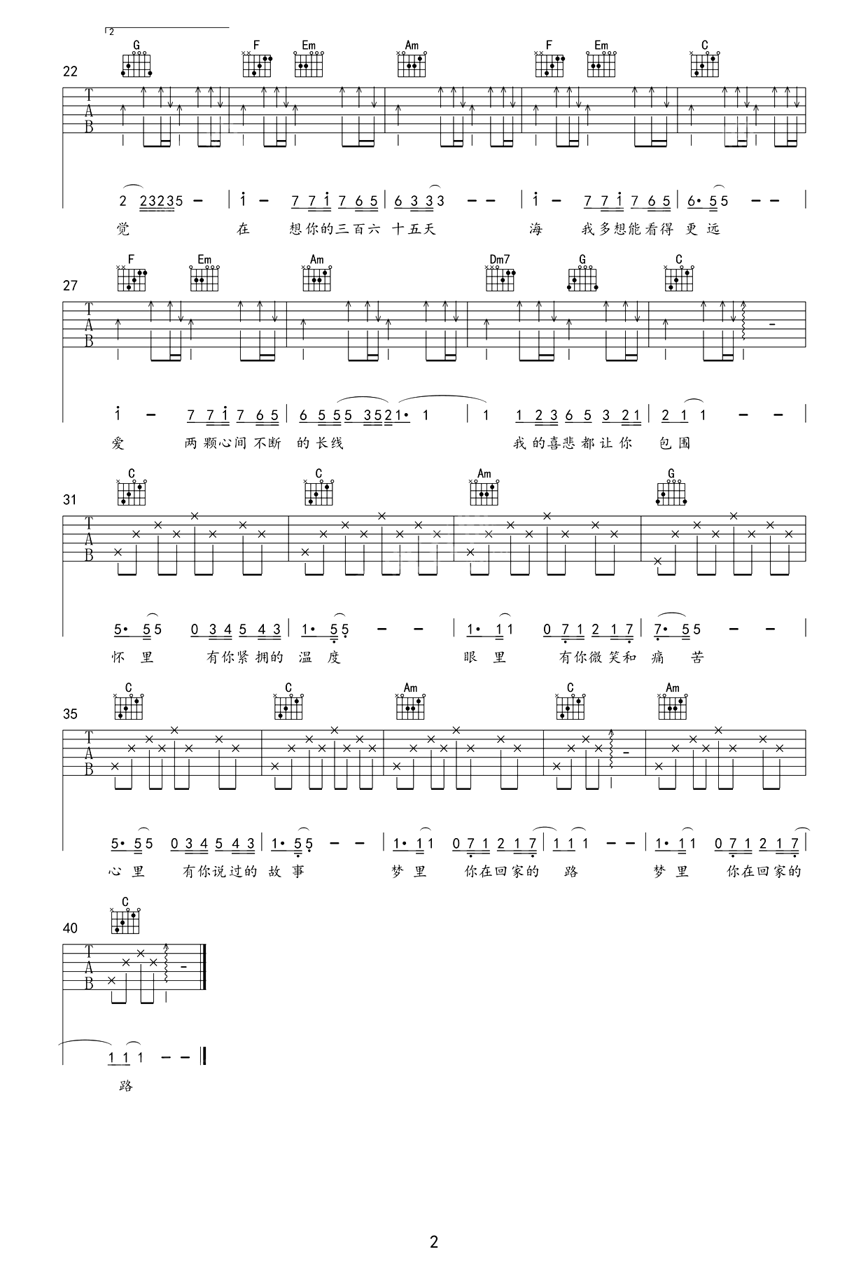 想你的365天吉他谱2-李玟-C调指法