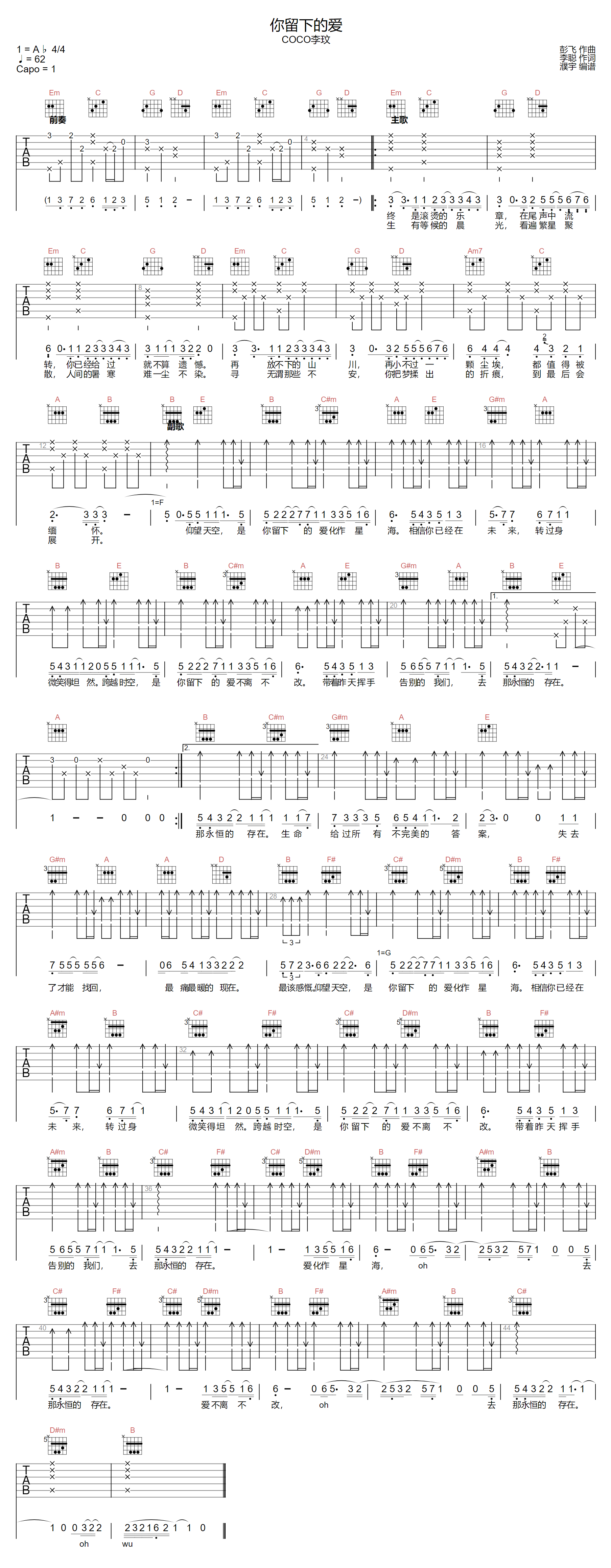 你留下的爱吉他谱-李玟-G调指法