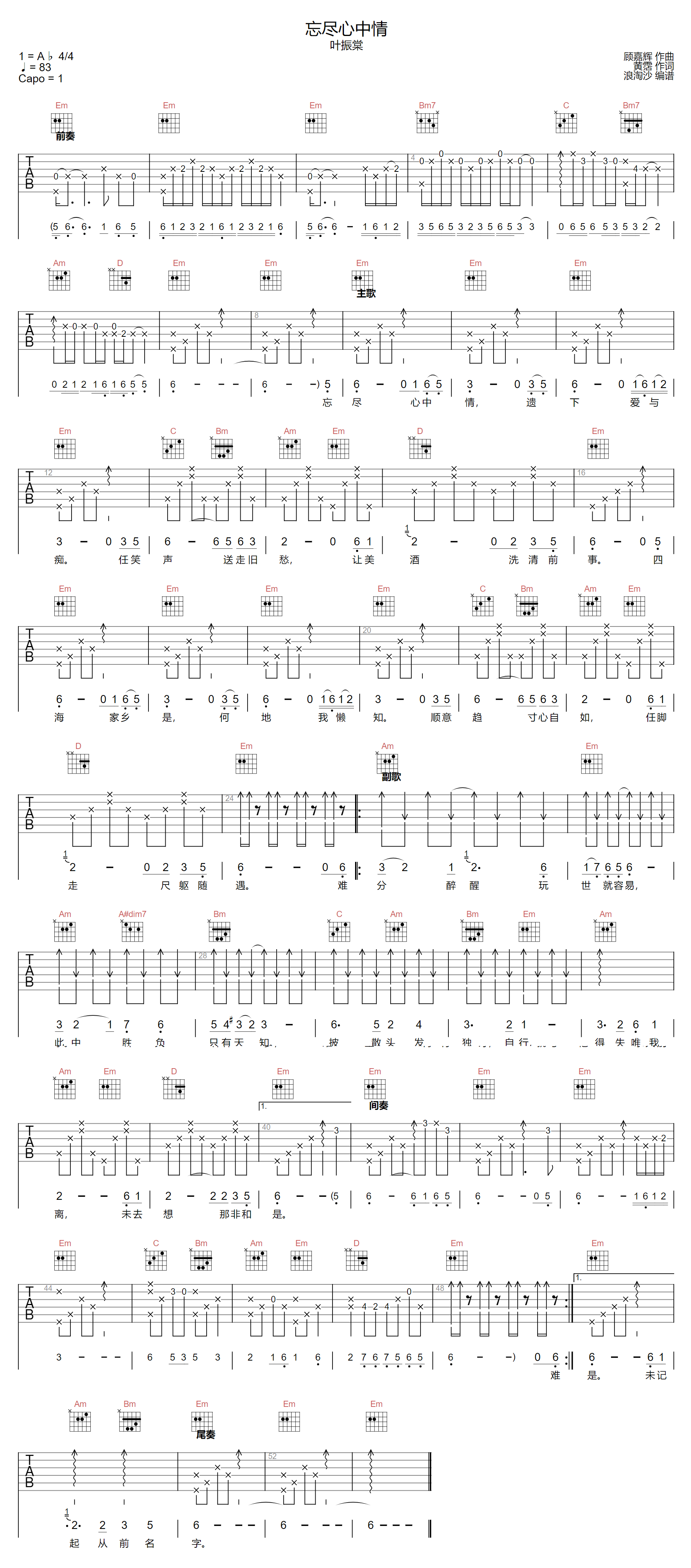 忘尽心中情吉他谱-叶振棠-G调指法