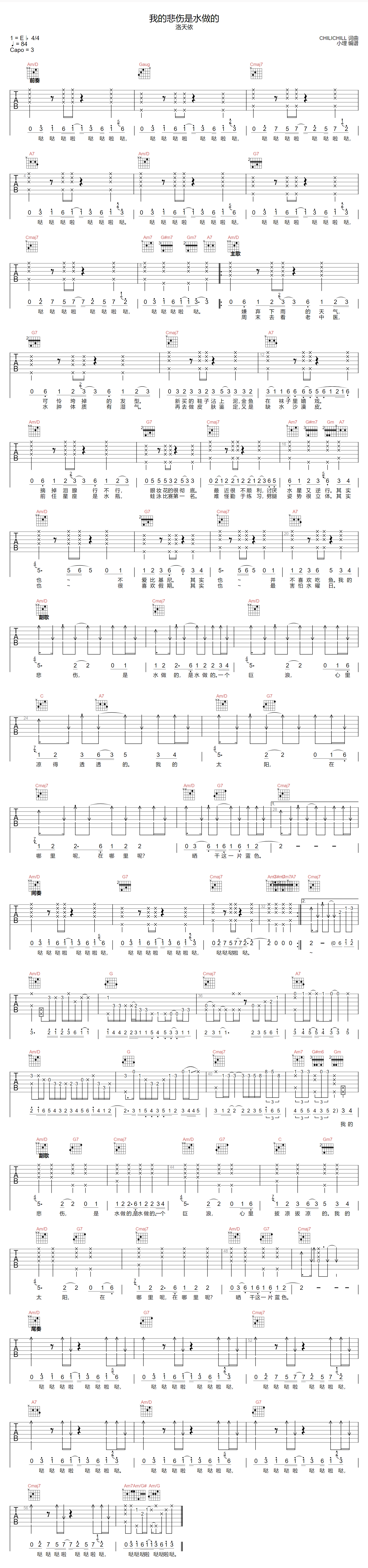 我的悲伤是水做的吉他谱-洛天依-C调指法