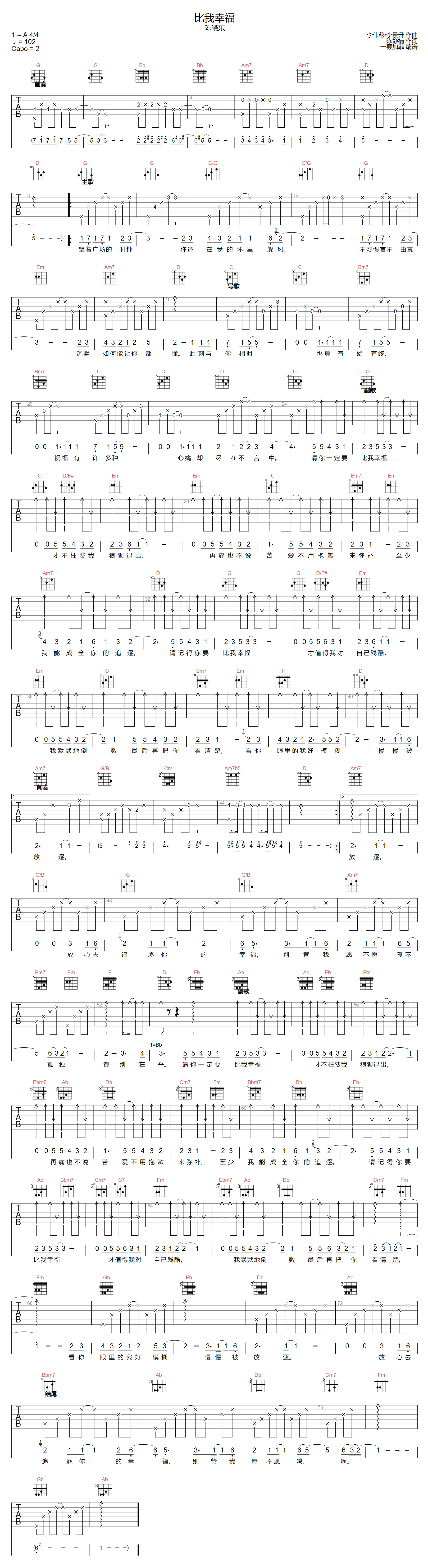 比我幸福吉他谱-陈晓东-G调指法
