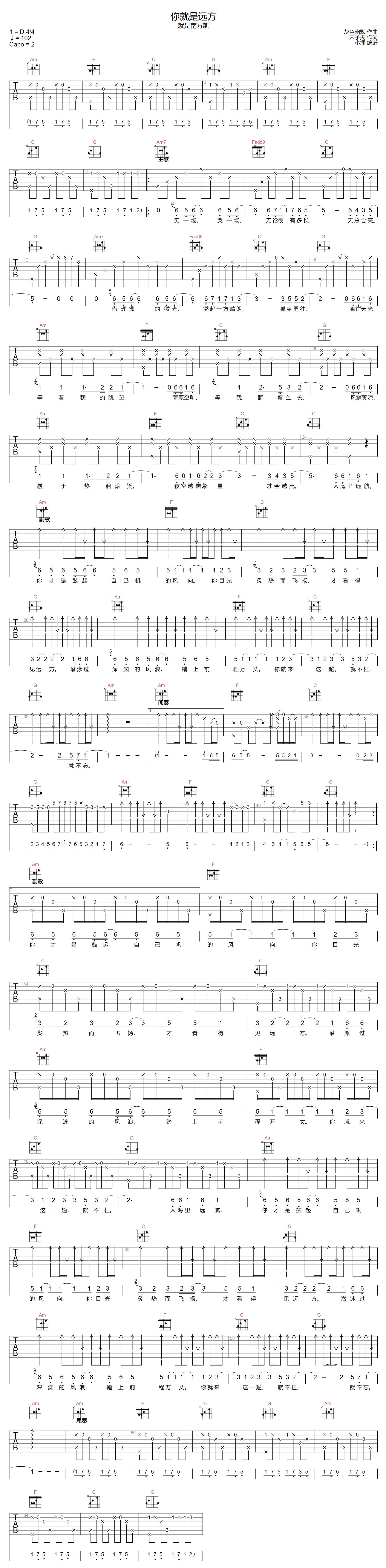 你就是远方吉他谱-就是南方凯-C调指法