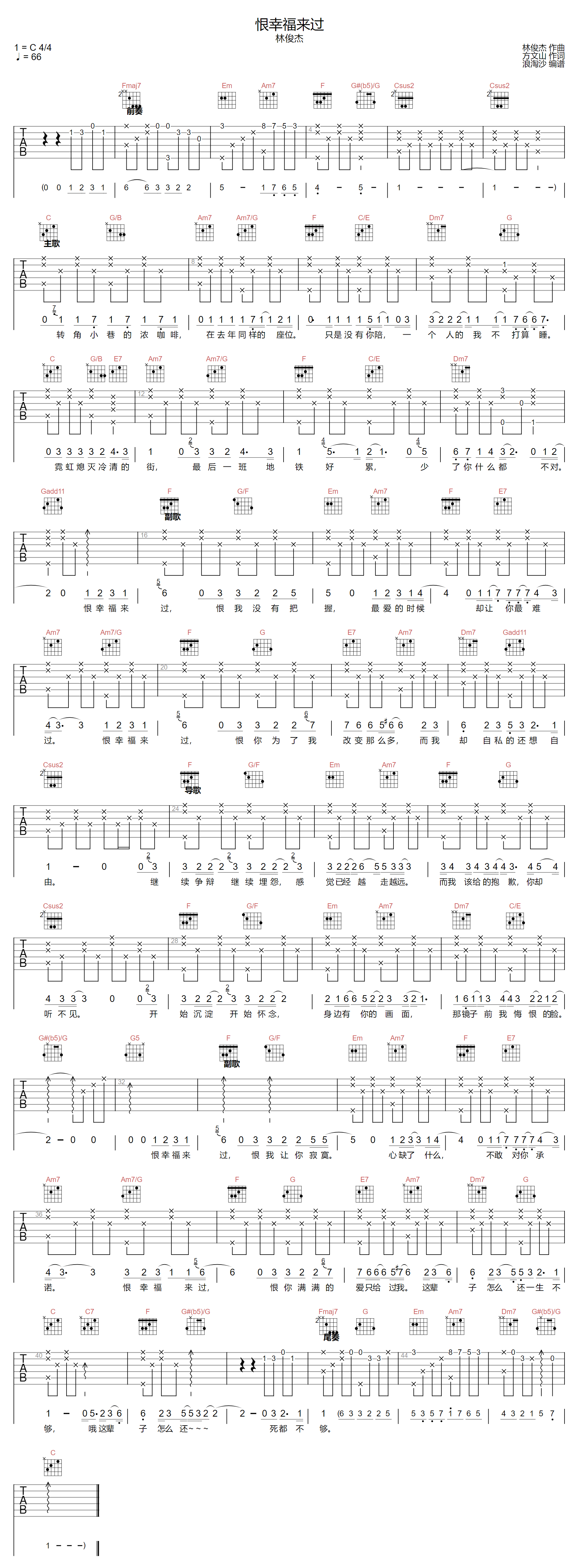 恨幸福来过吉他谱-林俊杰-C调指法