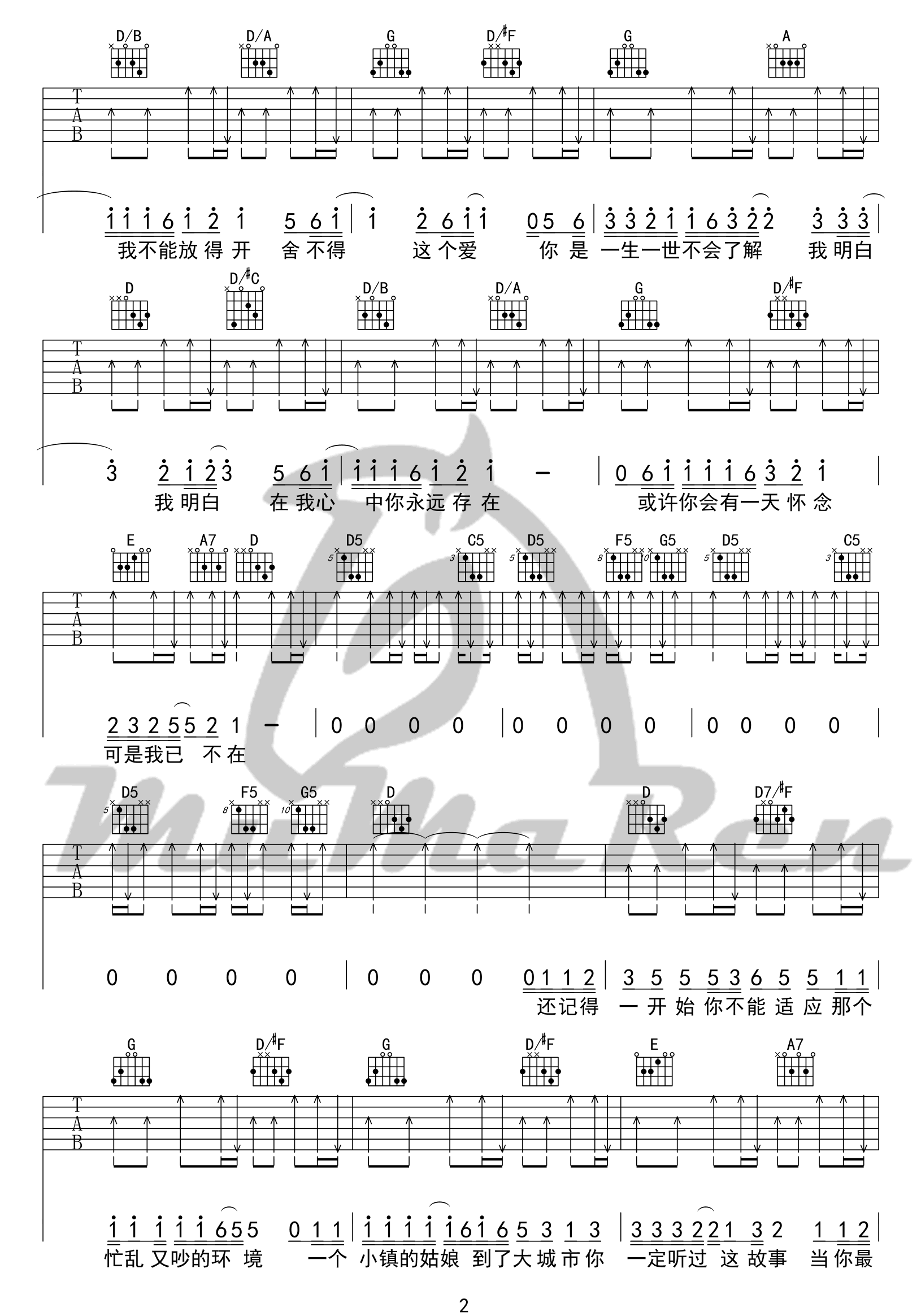 小镇姑娘吉他谱2-陶喆-D调指法