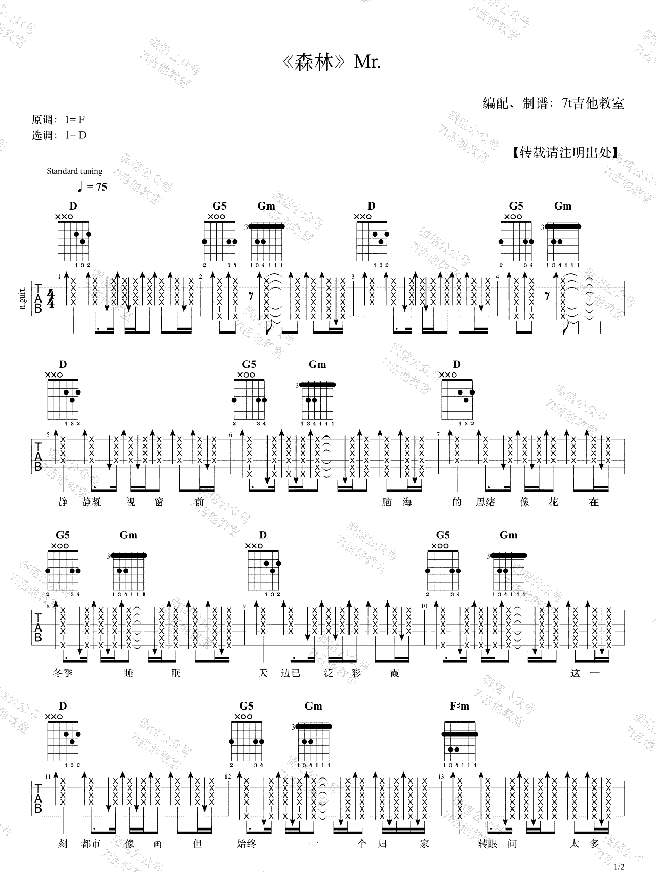 森林吉他谱1-Mr.乐队-D调指法