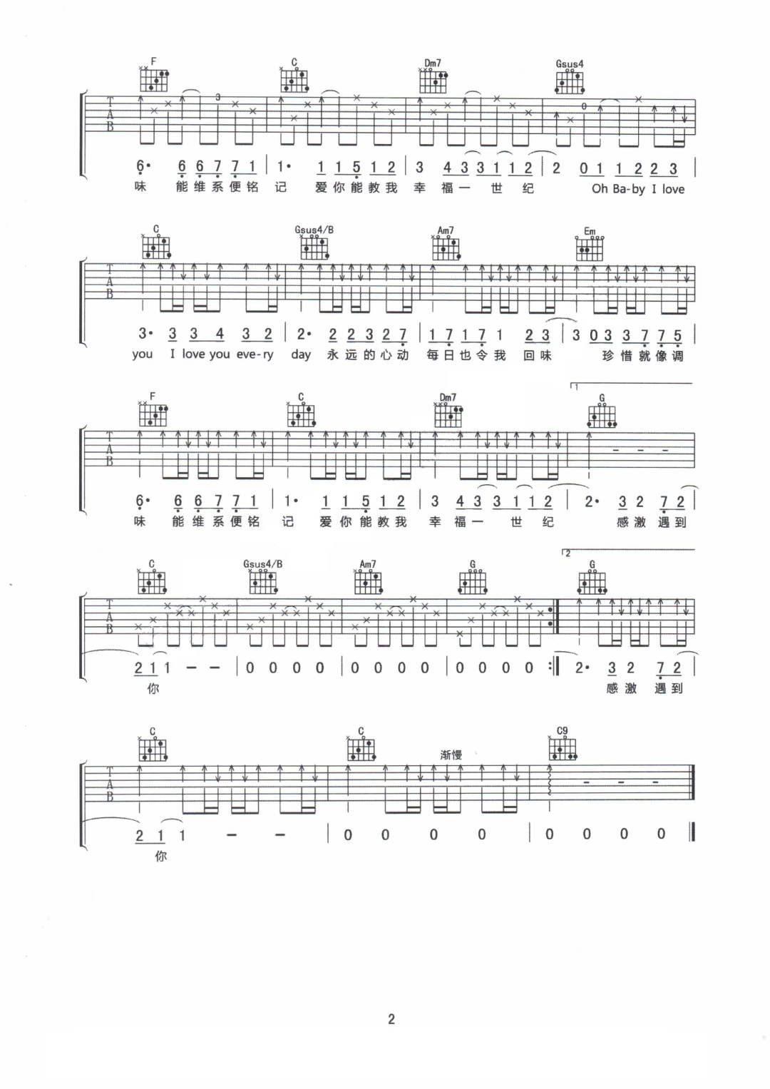 感激遇到你吉他谱2-黄宗泽-C调指法
