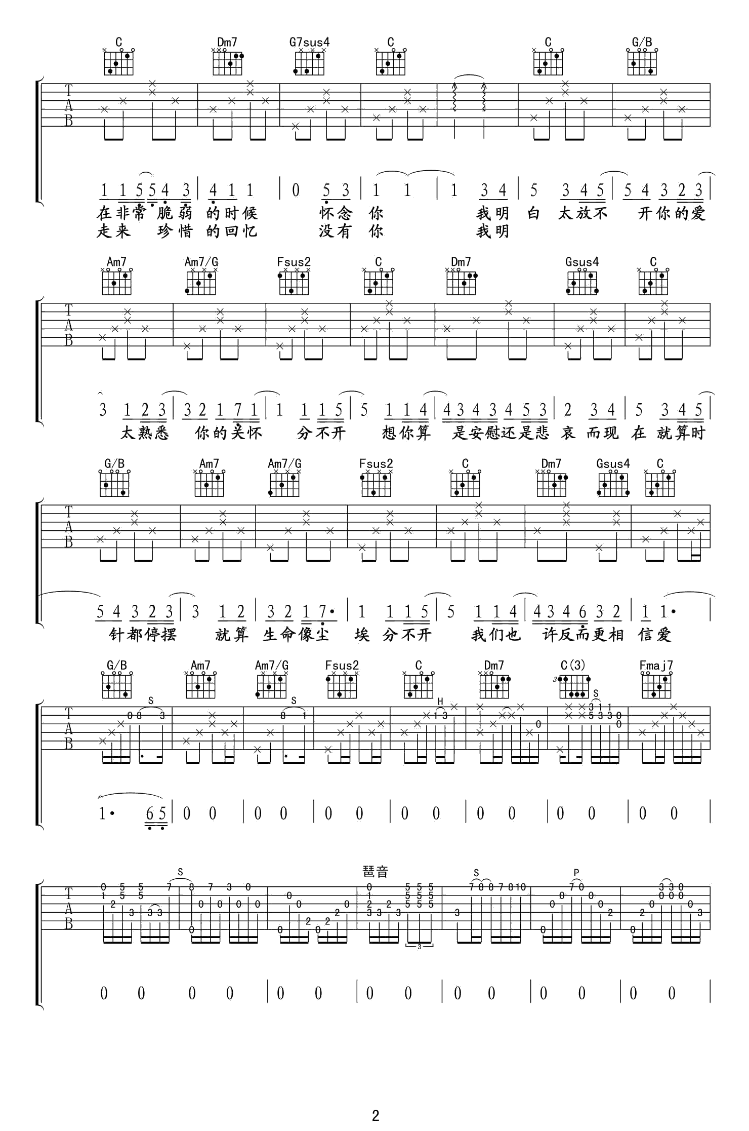 忽然之间吉他谱2-莫文蔚-C调指法