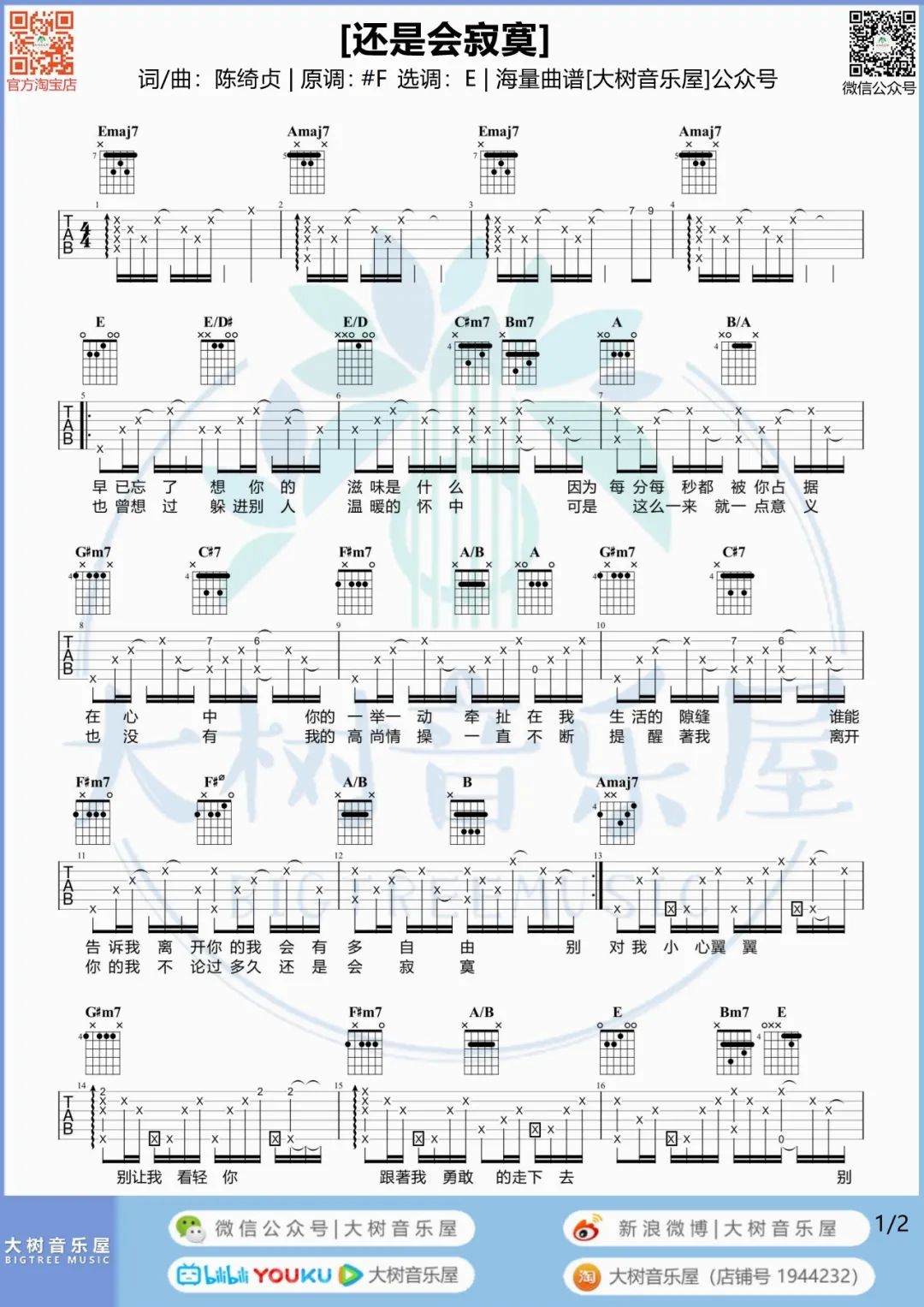 还是会寂寞吉他谱1-陈绮贞-E调指法