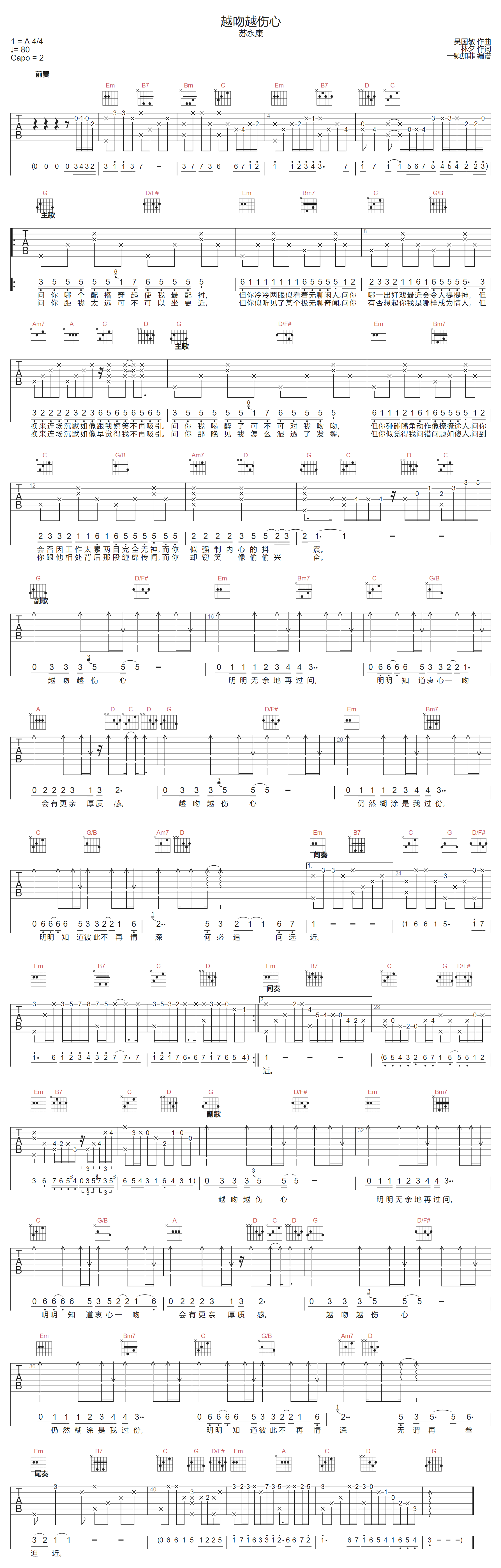 越吻越伤心吉他谱-苏永康-G调指法