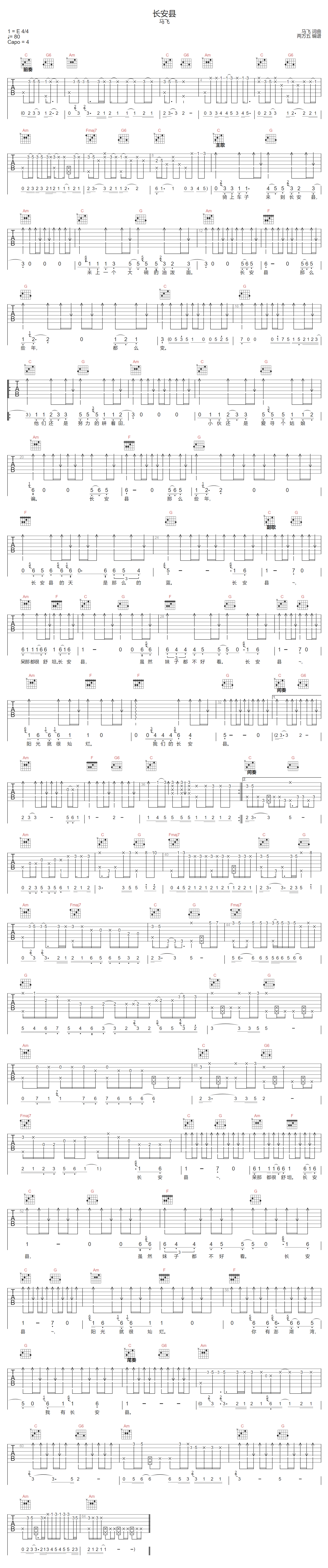 长安县吉他谱-马飞-C调指法