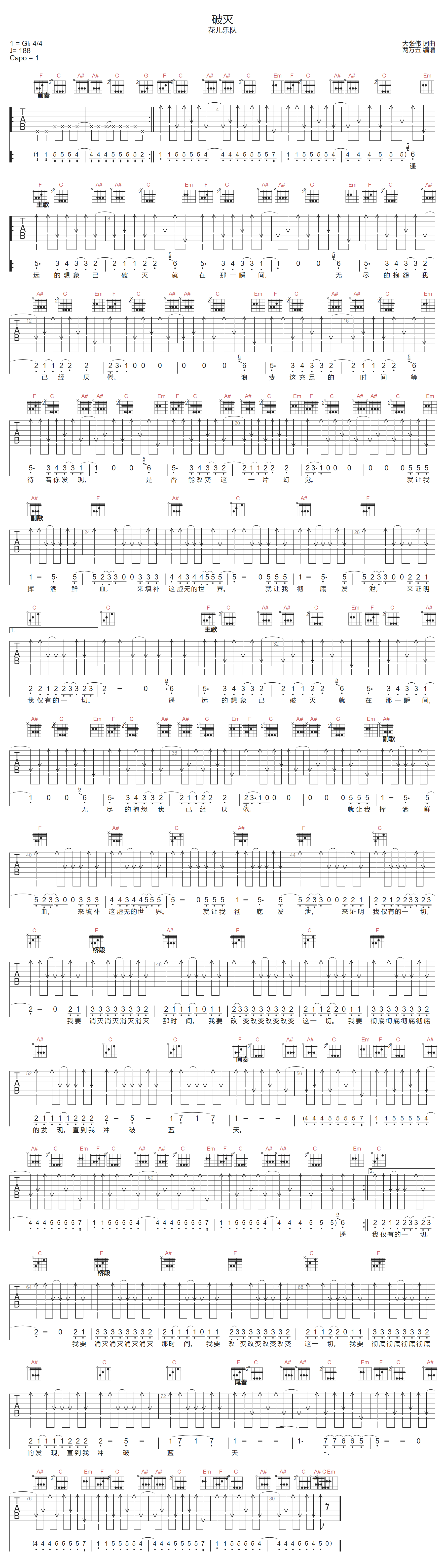 破灭吉他谱-花儿乐队-F调指法