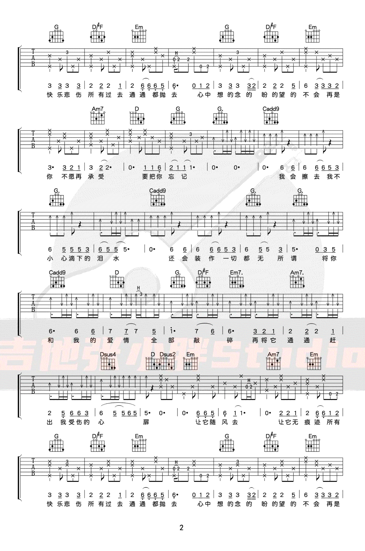 浪人情歌吉他谱2-伍佰-G调指法