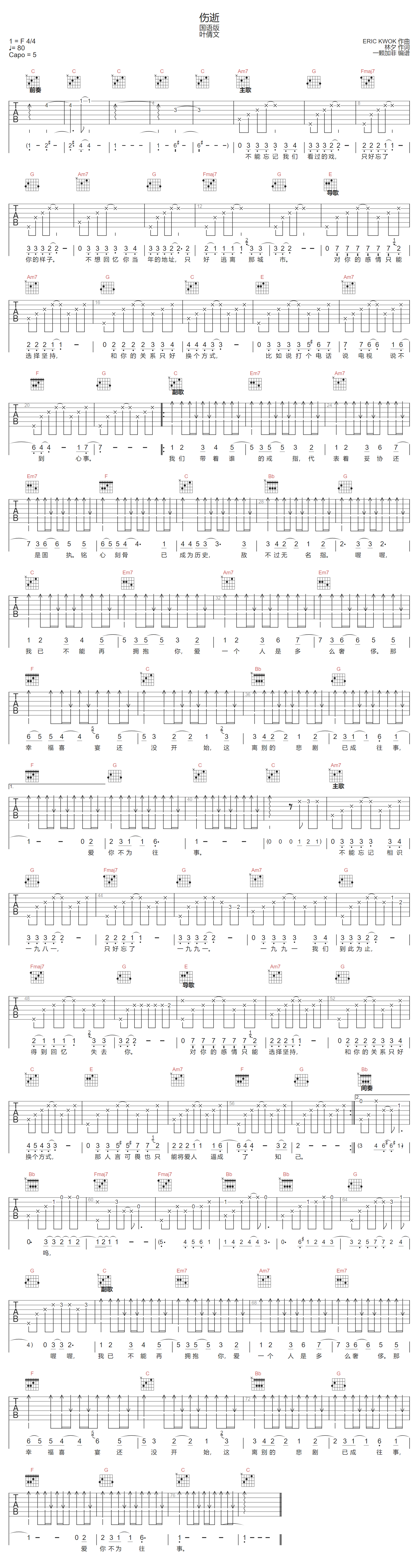 伤逝吉他谱-叶倩文-C调指法