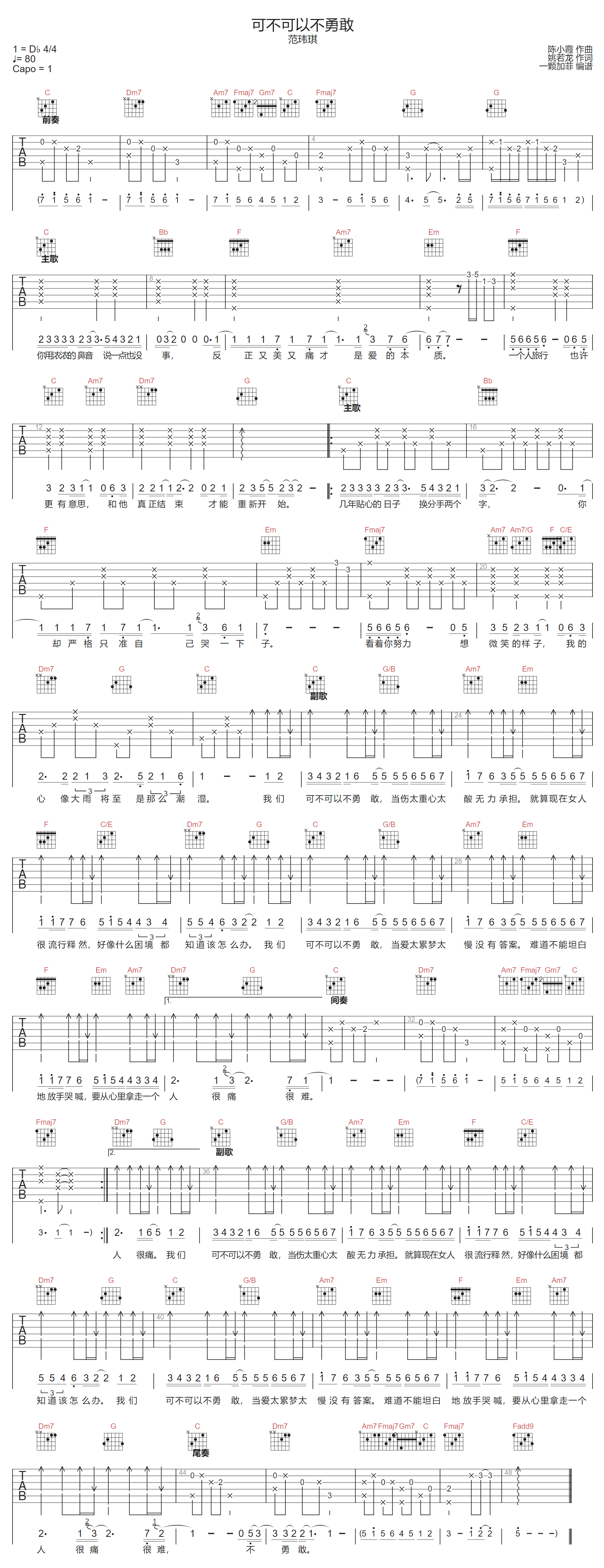 可不可以不勇敢吉他谱-范玮琪-C调指法