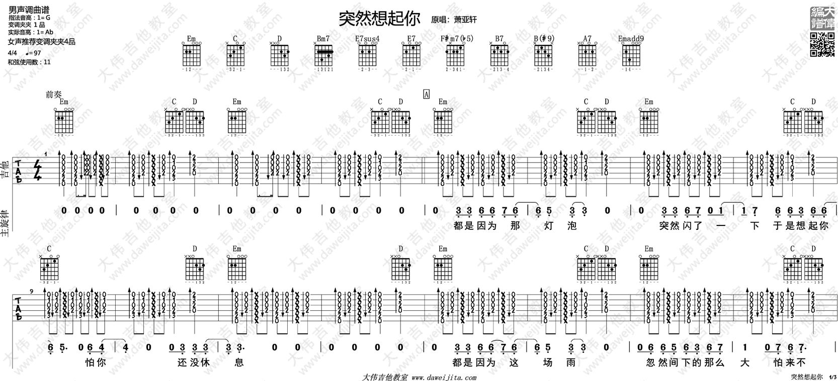 突然想起你吉他谱1