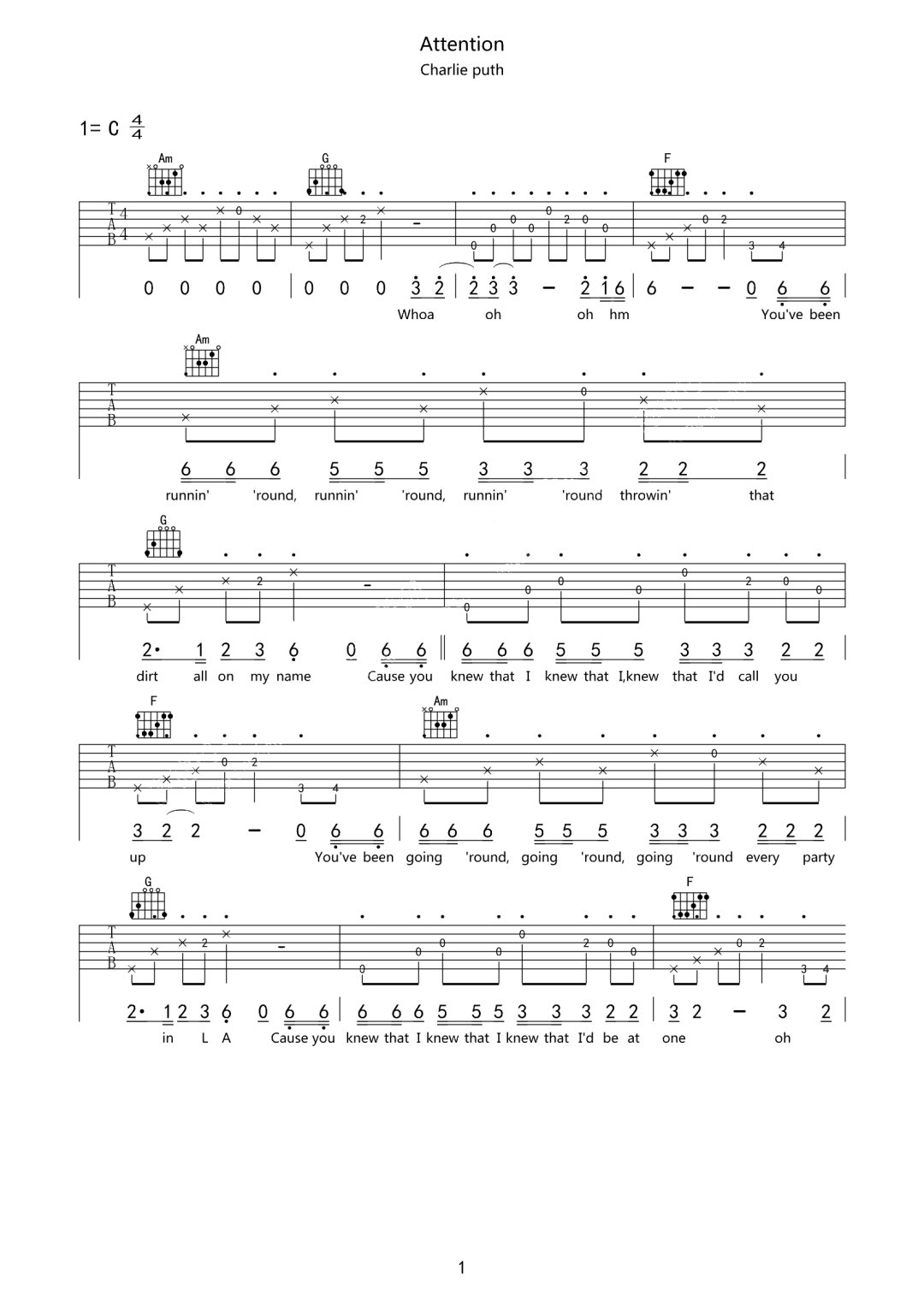 Attention吉他谱1