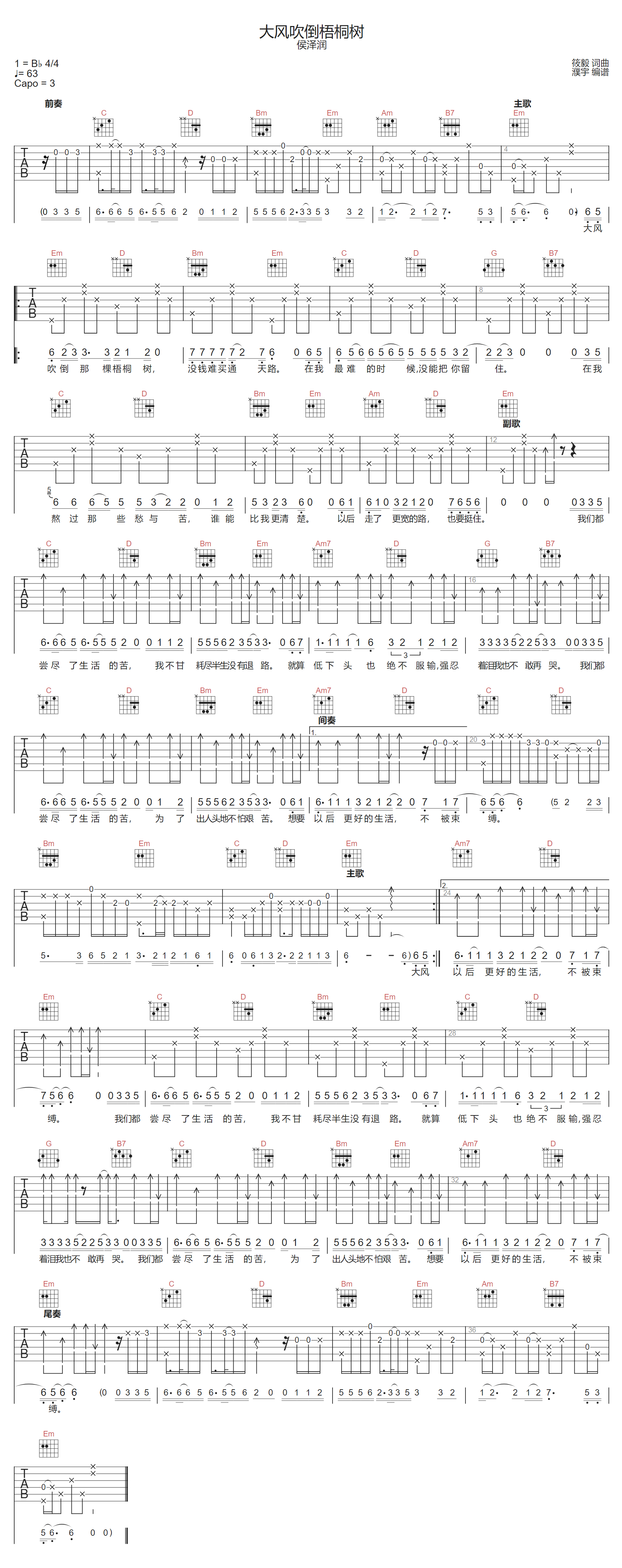 大风吹倒梧桐树吉他谱1