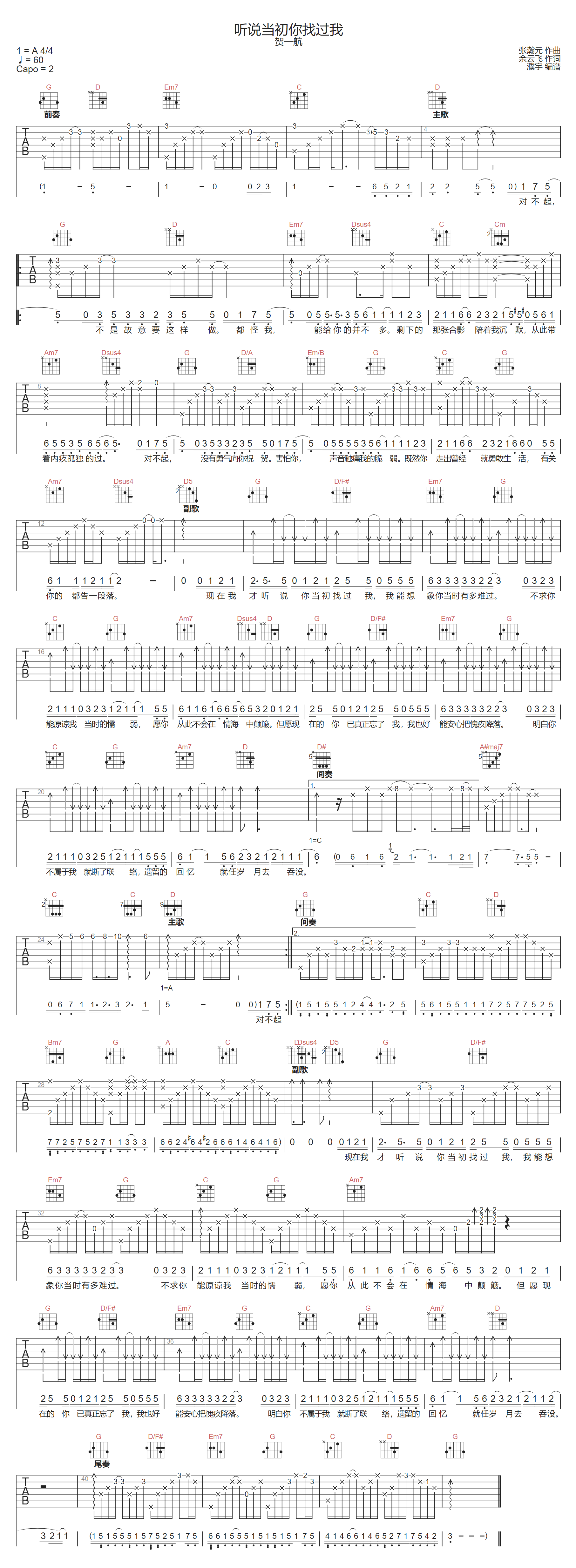 听说当初你找过我吉他谱1