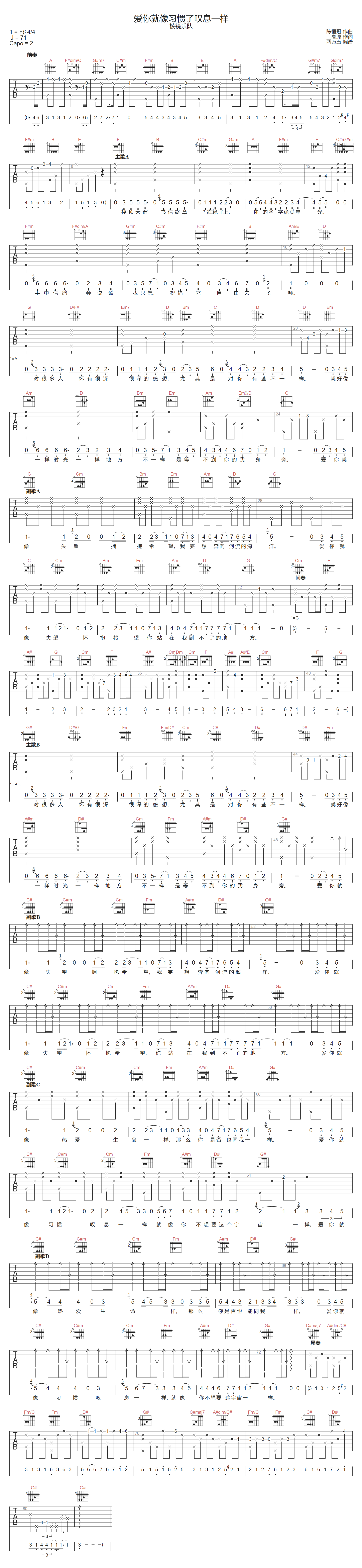 爱你就像习惯了叹息一样吉他谱1