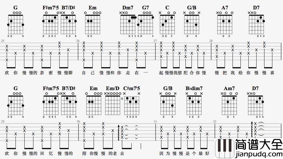 慢慢喜欢你吉他谱_G调原版_7t吉他教室编配_莫文蔚
