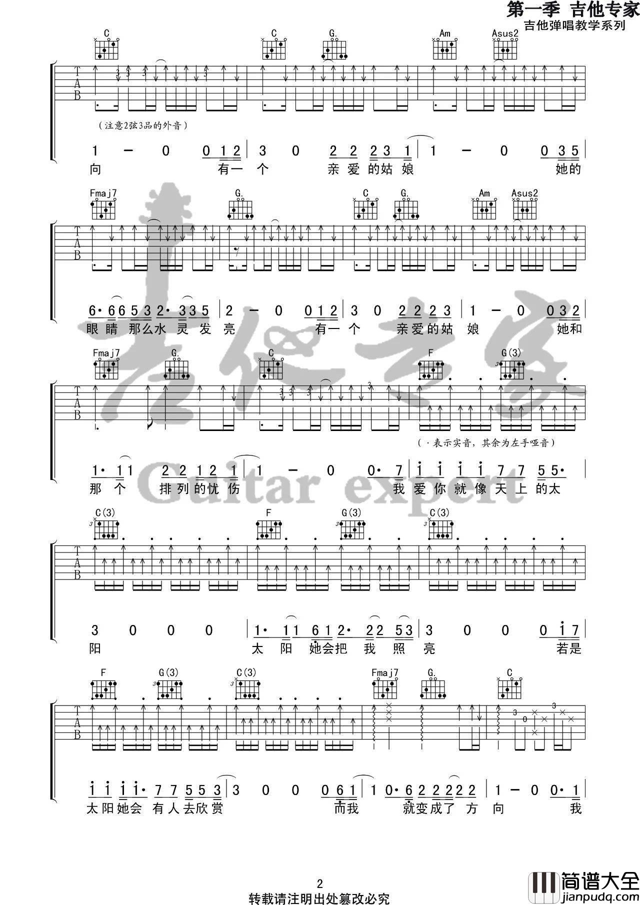 姑娘吉他谱_C调简单版_音艺吉他编配_隔壁老樊