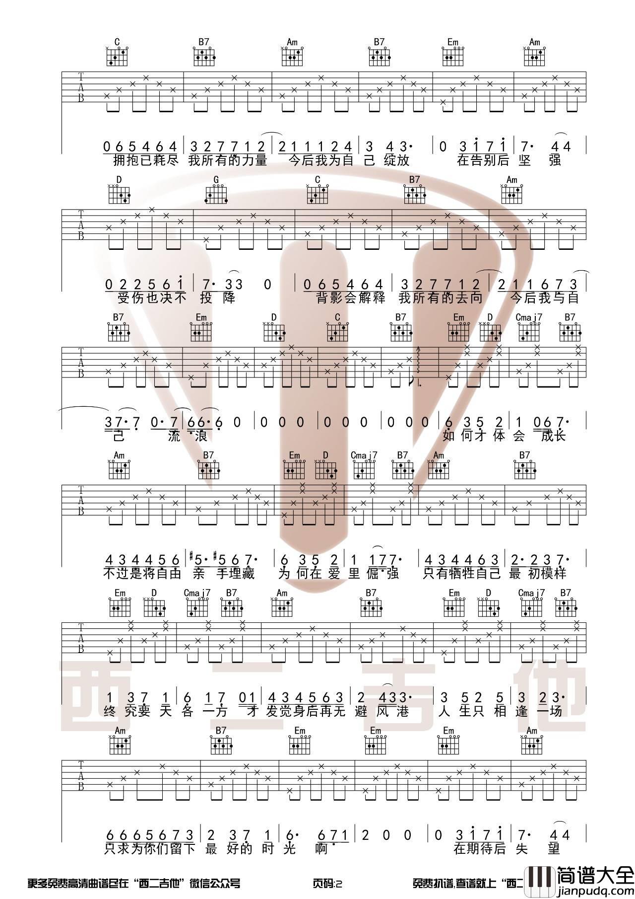 今后我与自己流浪吉他谱_G调_西二吉他编配_张碧晨