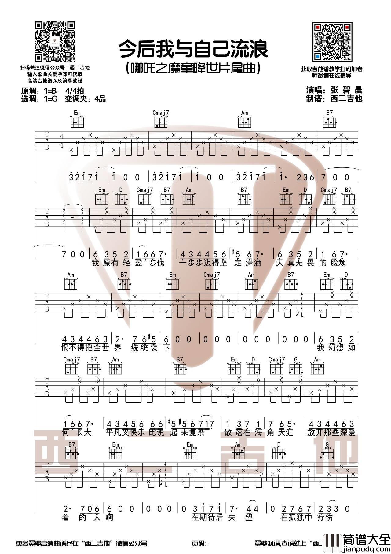 今后我与自己流浪吉他谱_G调_西二吉他编配_张碧晨