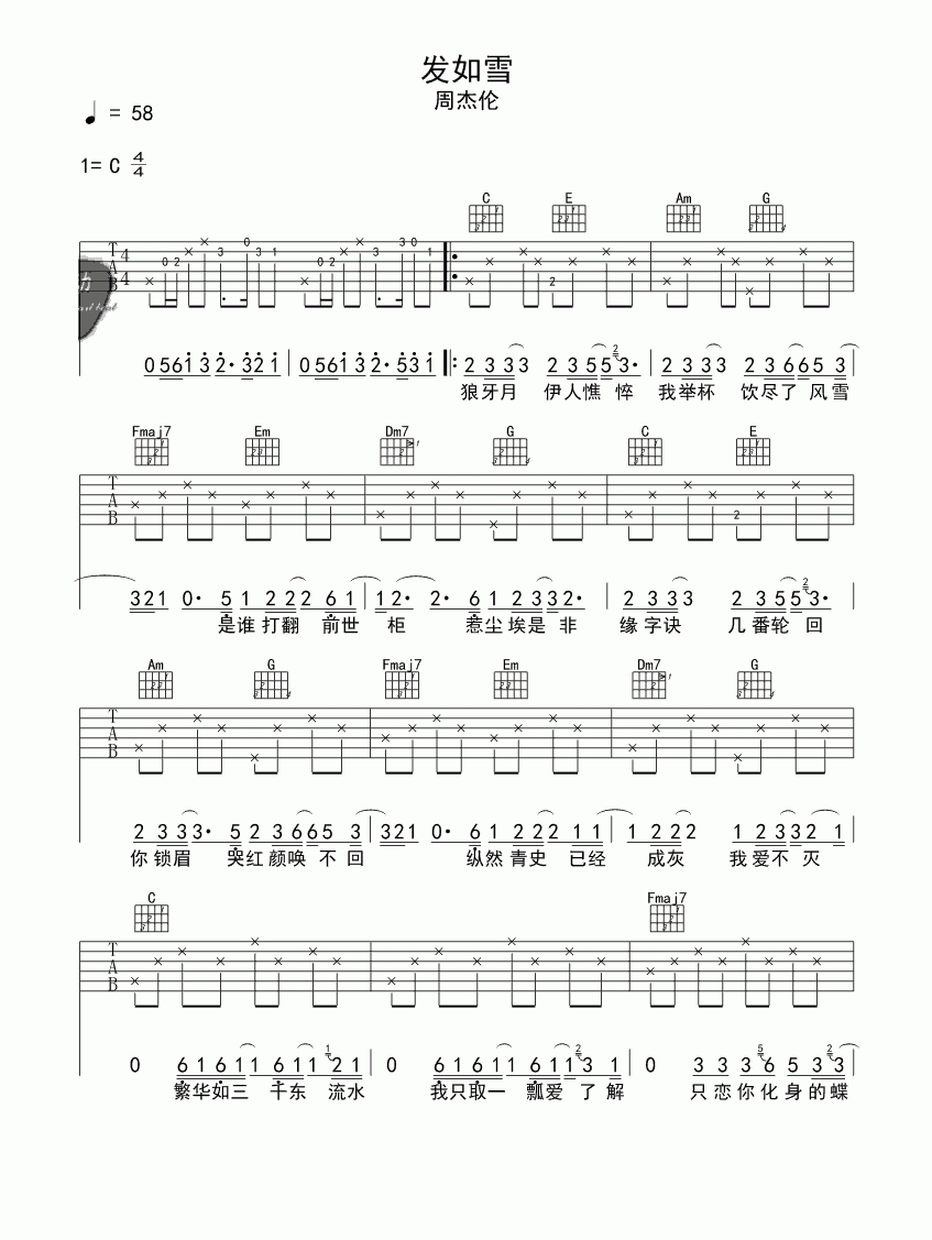 发如雪吉他谱_C调简单版_周杰伦