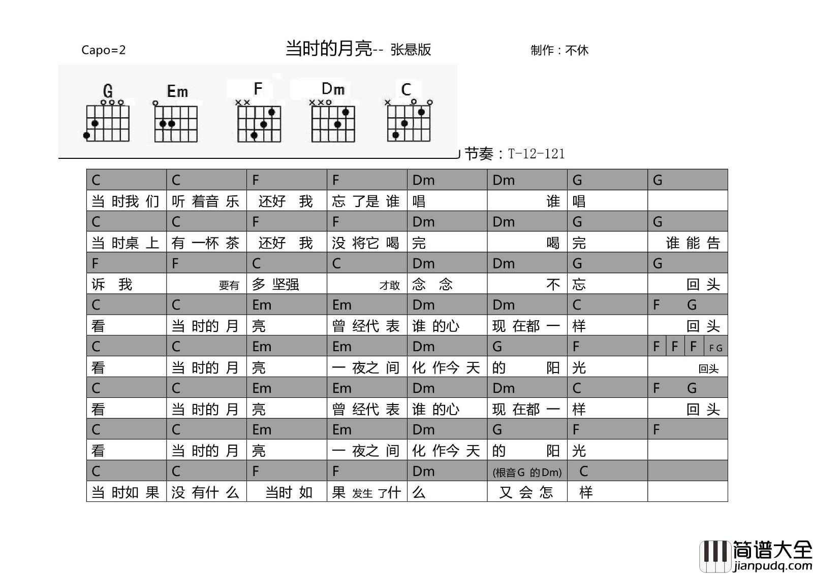 当时的月亮吉他谱_两个版本和弦谱_不休吉他编配_张悬/王菲
