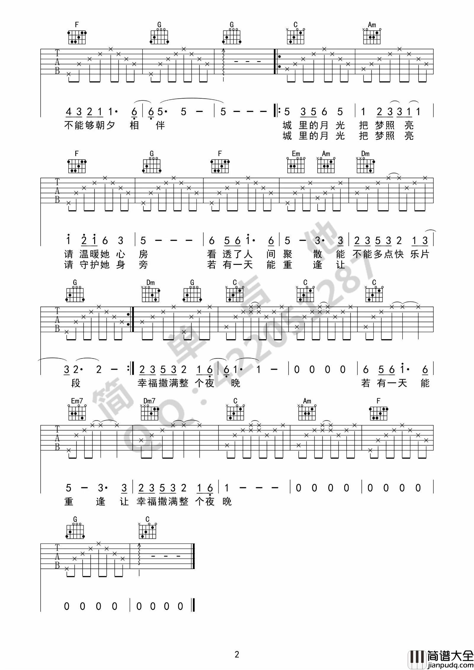 城里的月光吉他谱_C调简单版_简单吉他编配_许美静