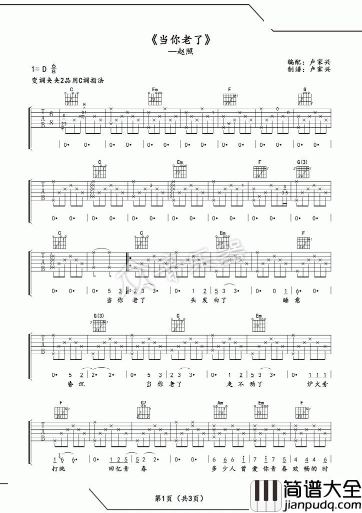 当你老了吉他谱_C调_卢家兴编配_赵照