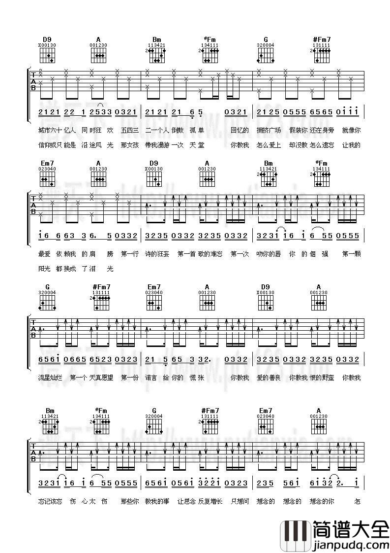 那些女孩教我的事吉他谱_D调弹唱六线谱_品冠