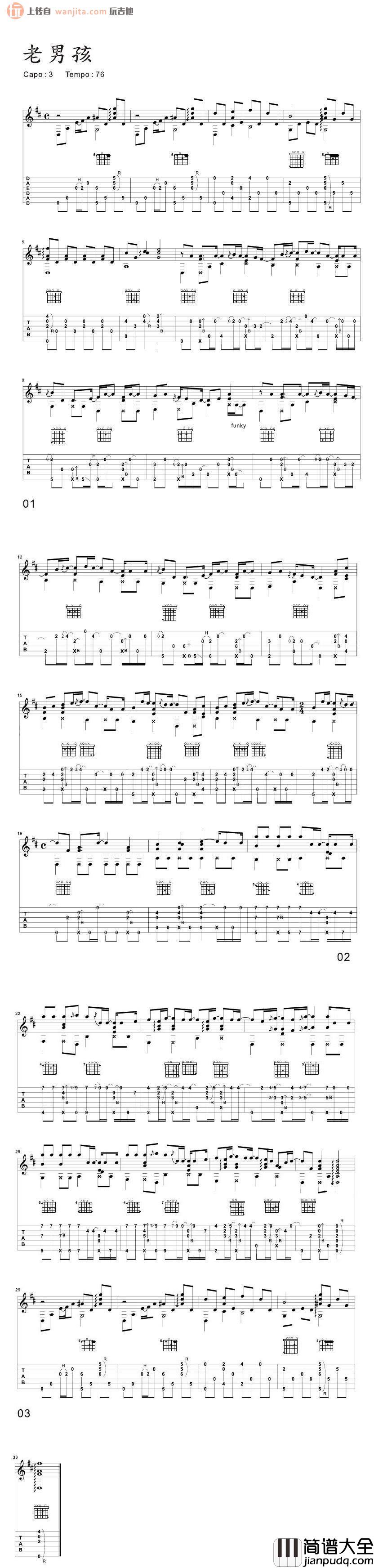 老男孩指弹吉他谱_独奏版_筷子兄弟