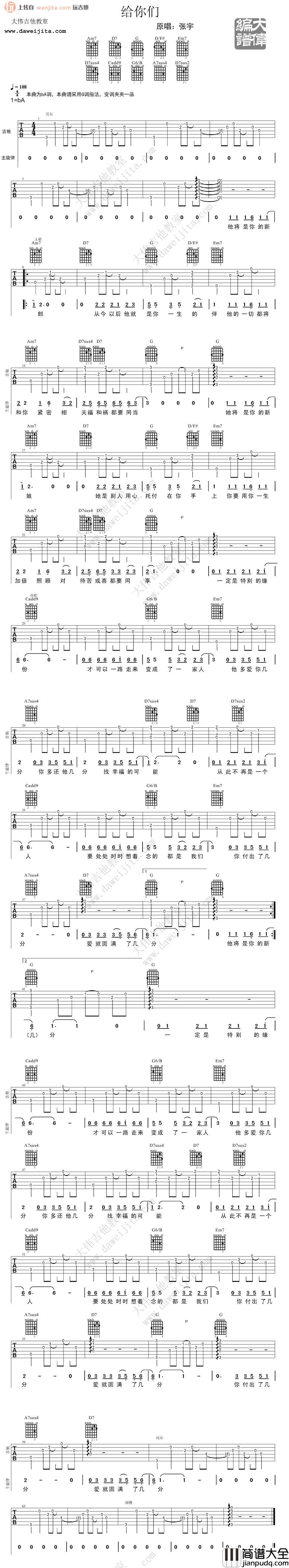 给你们吉他谱_G调弹唱六线谱_大伟吉他_张宇