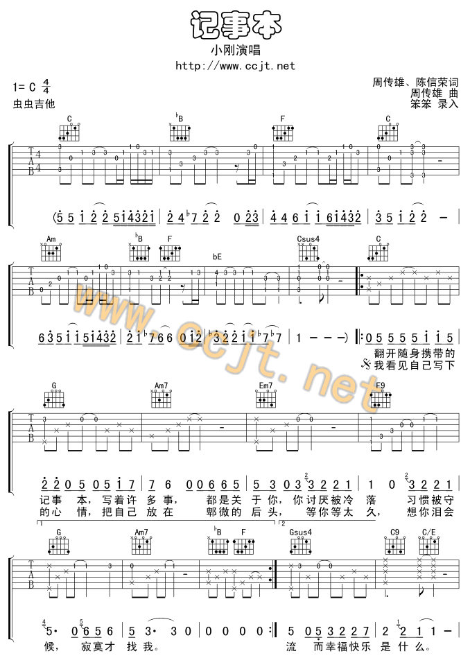 记事本吉他谱_C调弹唱六线谱_图片谱_周传雄