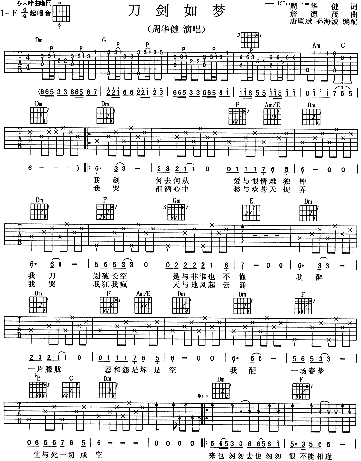 刀剑如梦吉他谱F调弹唱六线谱_周华健