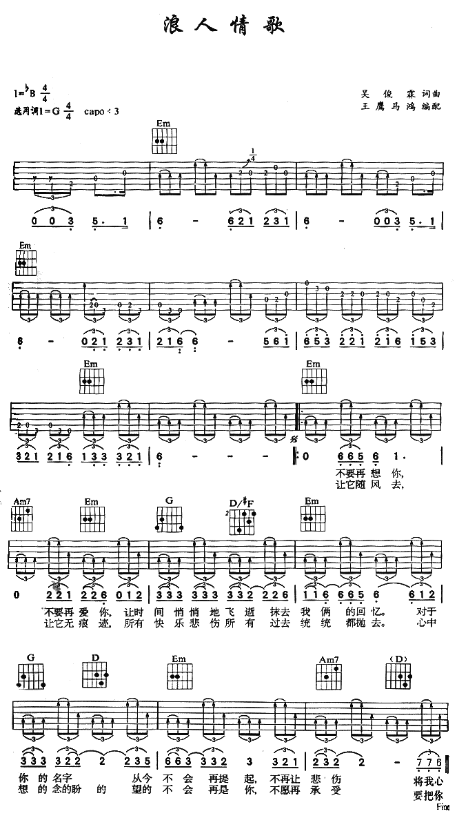 伍佰_浪人情歌_吉他谱_G调吉他弹唱谱