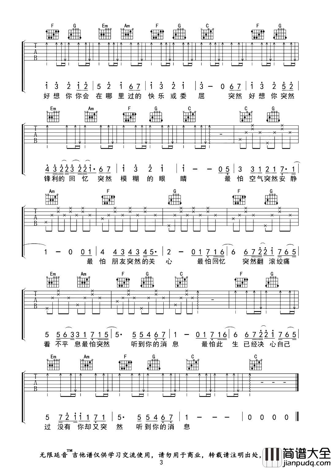 突然好想你吉他谱_五月天_C调原版六线谱__吉他弹唱谱