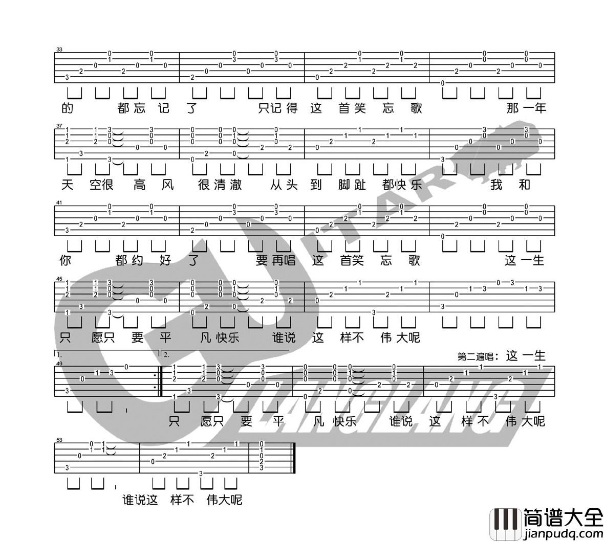 笑忘歌吉他谱_五月天__笑忘歌_C调弹唱六线谱