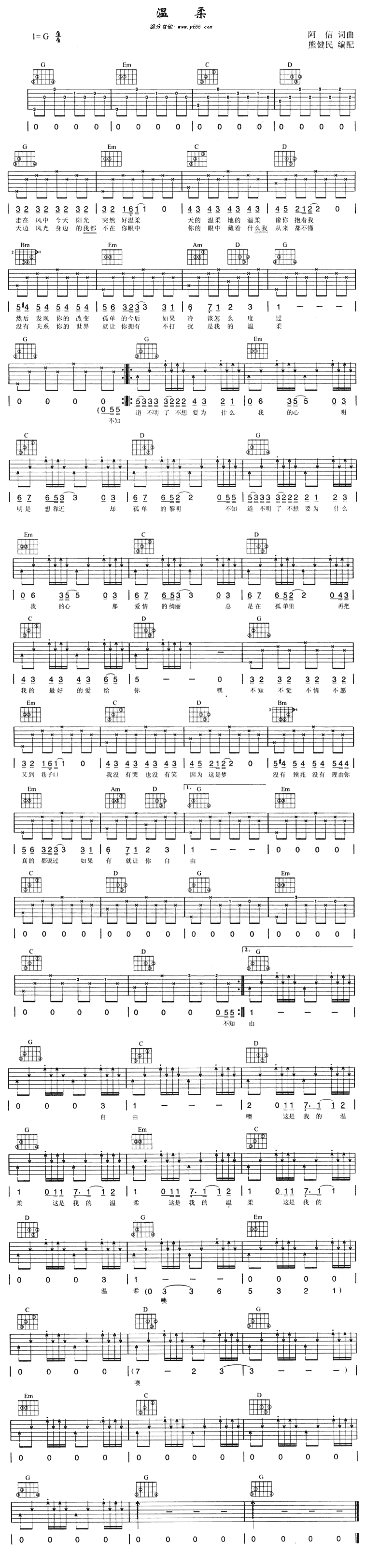 五月天_温柔_吉他谱_G调六线谱__温柔_吉他弹唱谱