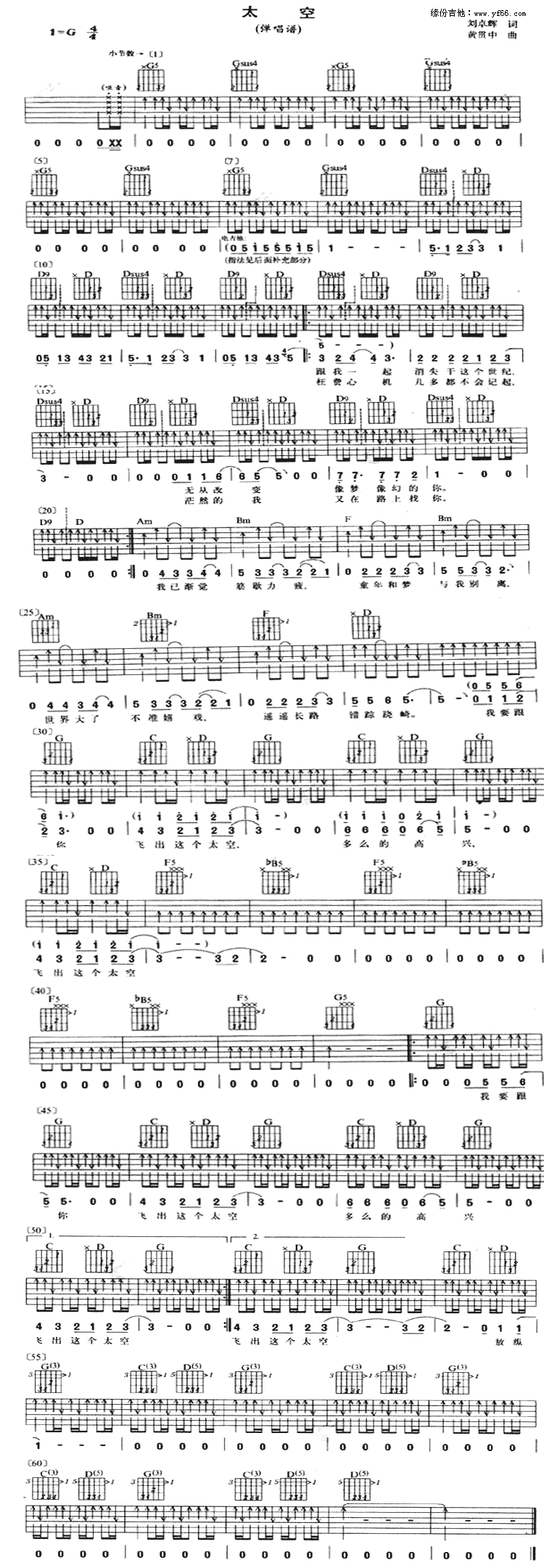 Beyond_太空_吉他谱__太空_G调弹唱六线谱